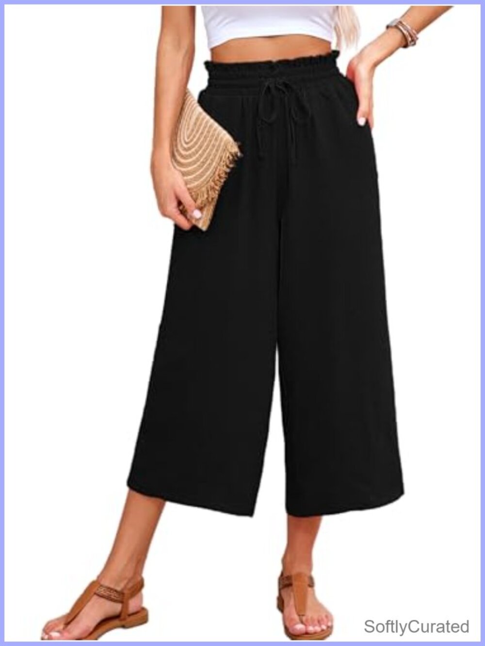 Wide Leg High Waisted Capri Pants Lightweight Pull On with Pockets